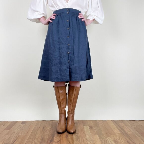 Handmade 100% Linen Midi Skirt Pleated Button Up High Rise Vintage Retro Rustic - Picture 4 of 7
